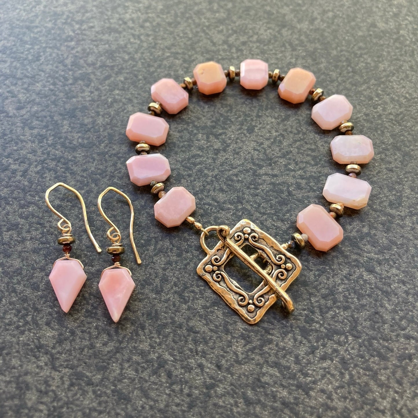 Peruvian Pink Opal, Pyrite & Gold Earrings