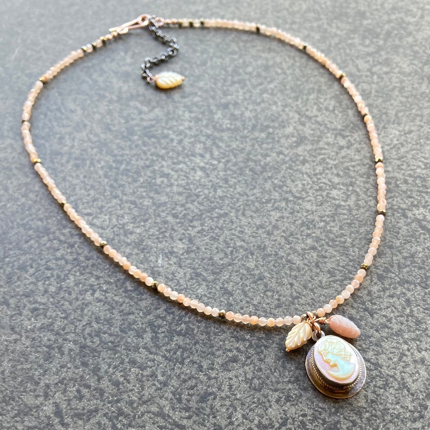 Peach Moonstone & Vintage Mother of Pearl Cameo Pendant Necklace