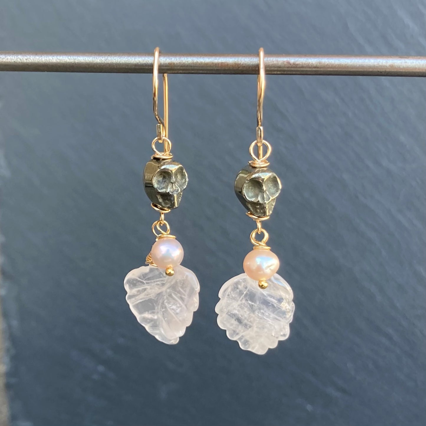 Rose Quartz, Pyrite & Gold Calavera Earrings