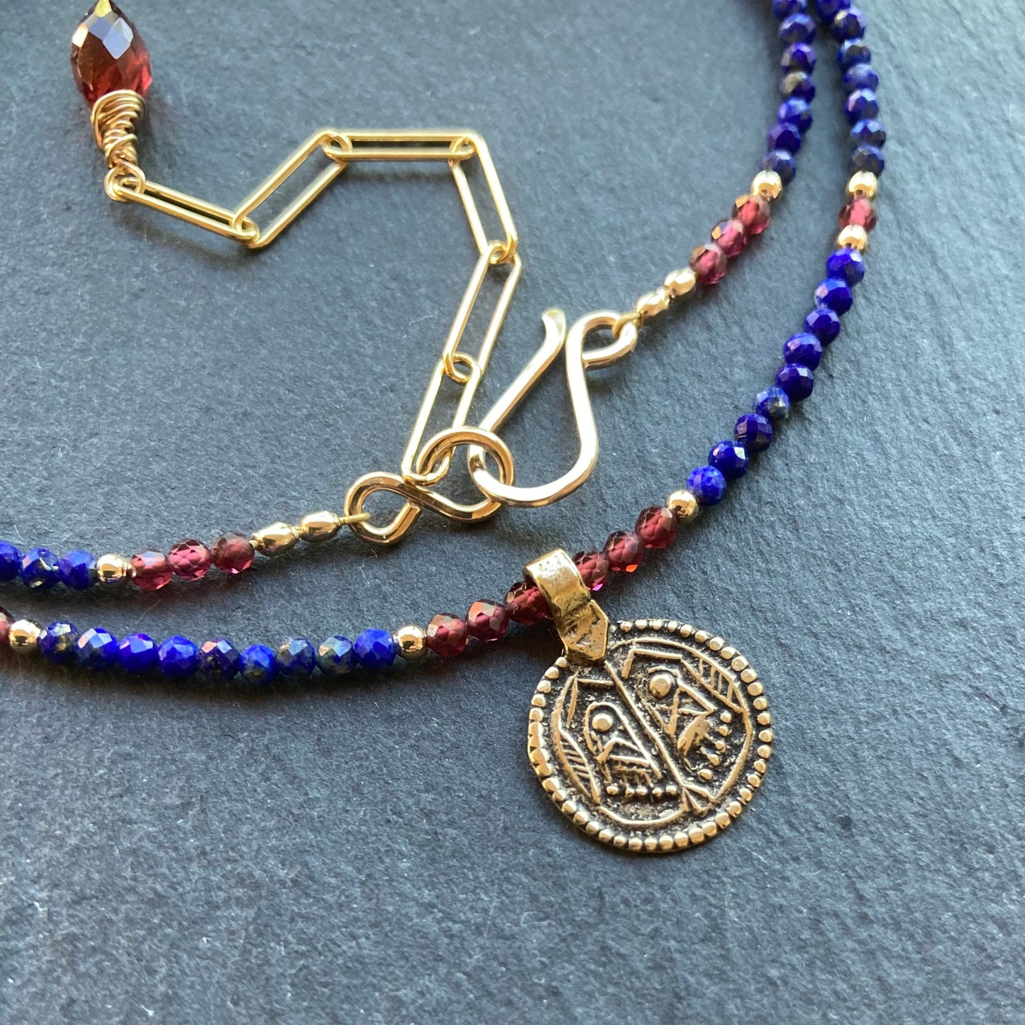Lapis, Mozambique Garnet, Gold & Bronze Buddha Feet Pendant Choker