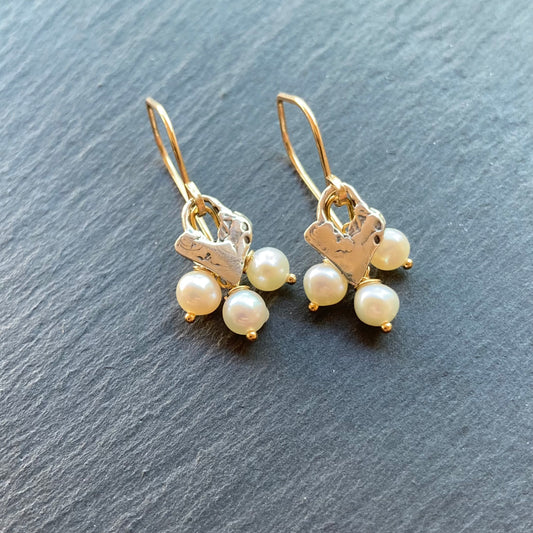 Freshwater Pearl, Gold & Sterling Silver Heart Earrings