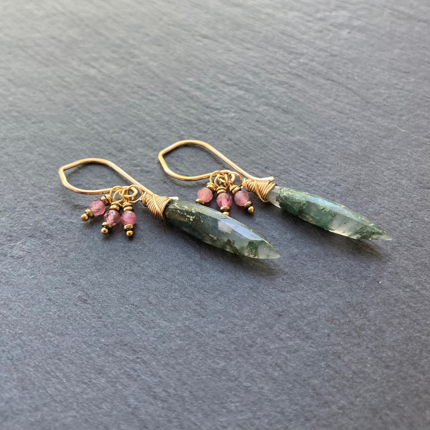Moss Agate, Pink Tourmaline & Gold Marquis Earrings