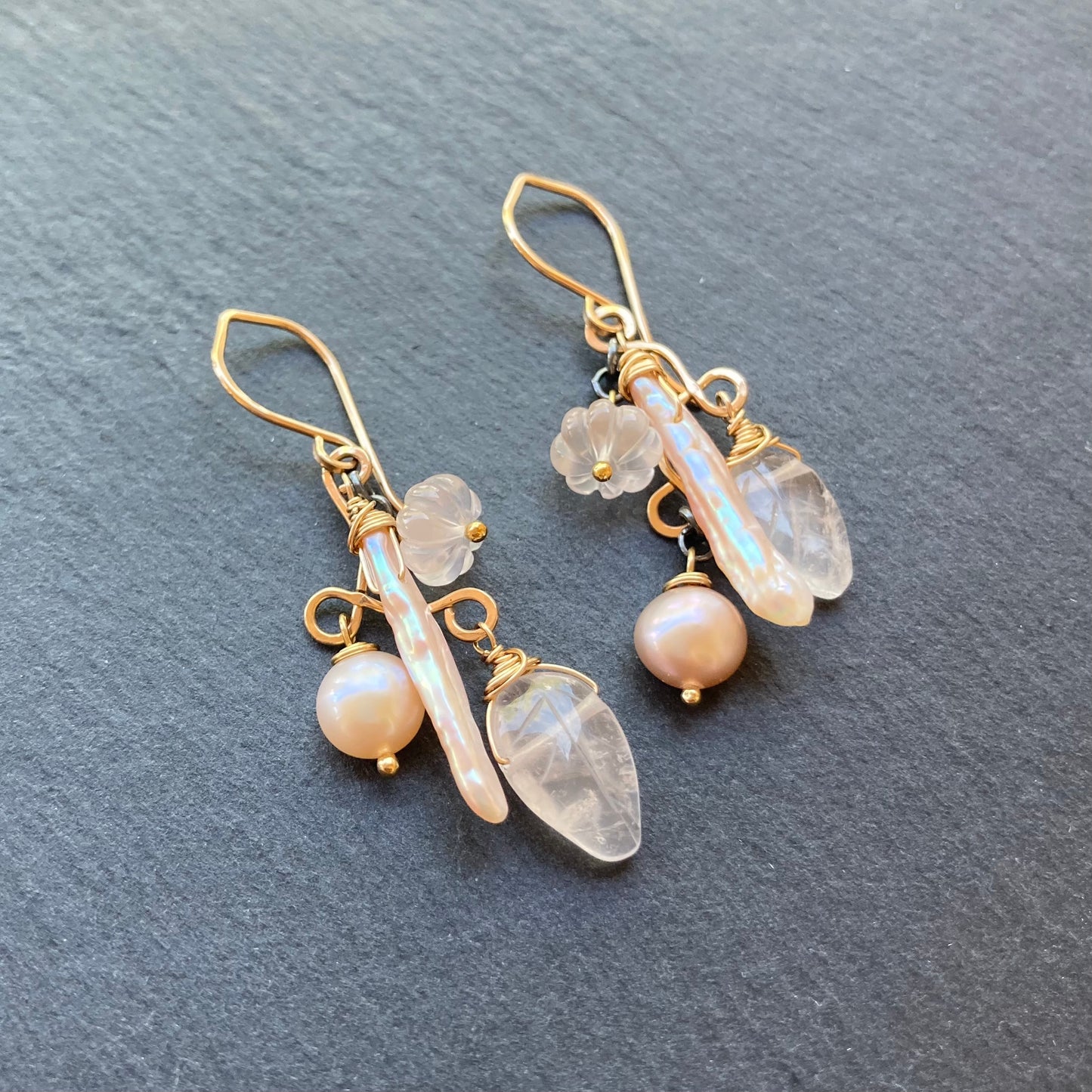 Rose Quartz, Pink Freshwater Pearl & Mixed Metal Earrings