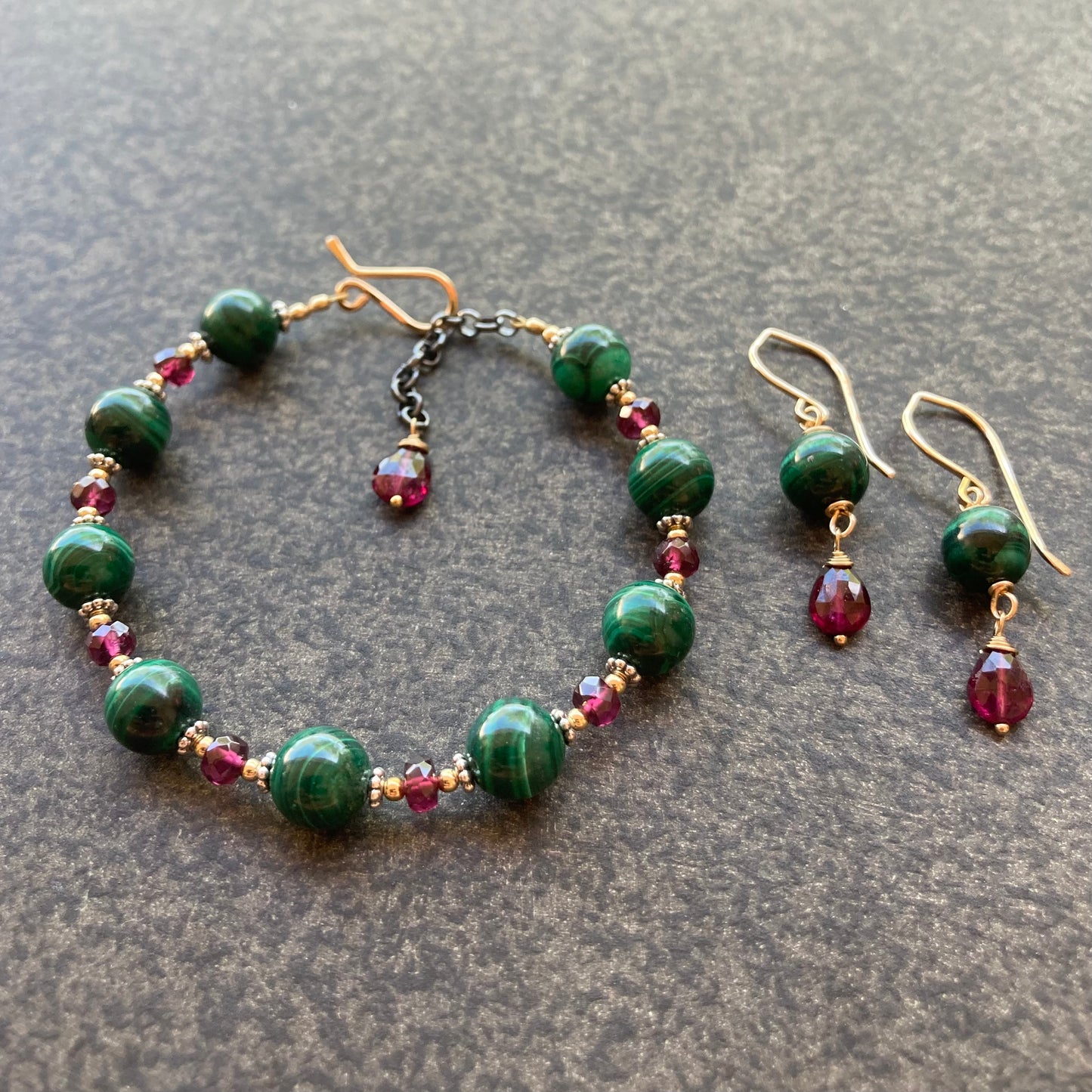 Malachite, Rhodolite & Gold Earrings