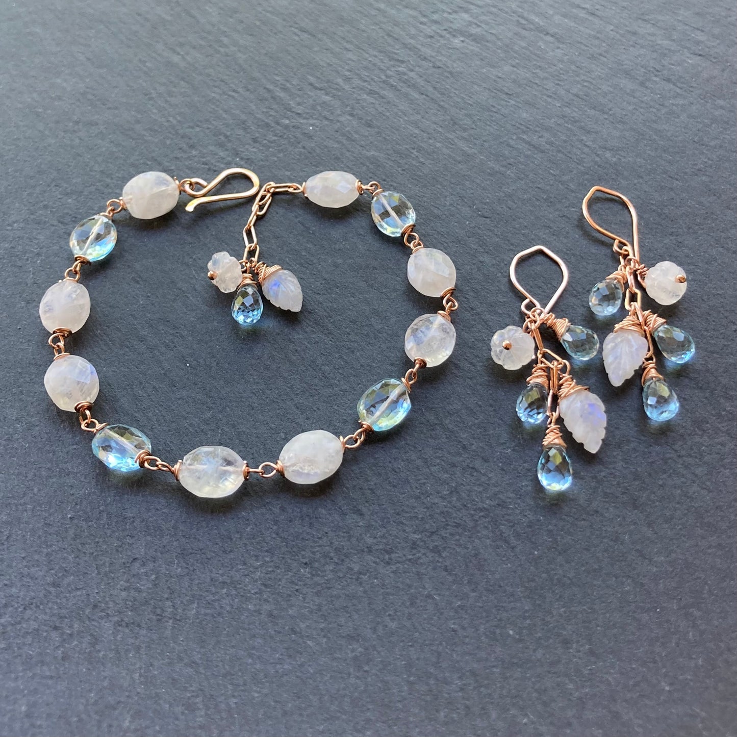 Blue Topaz, Rainbow Moonstone & Rose Gold Cascade Earrings