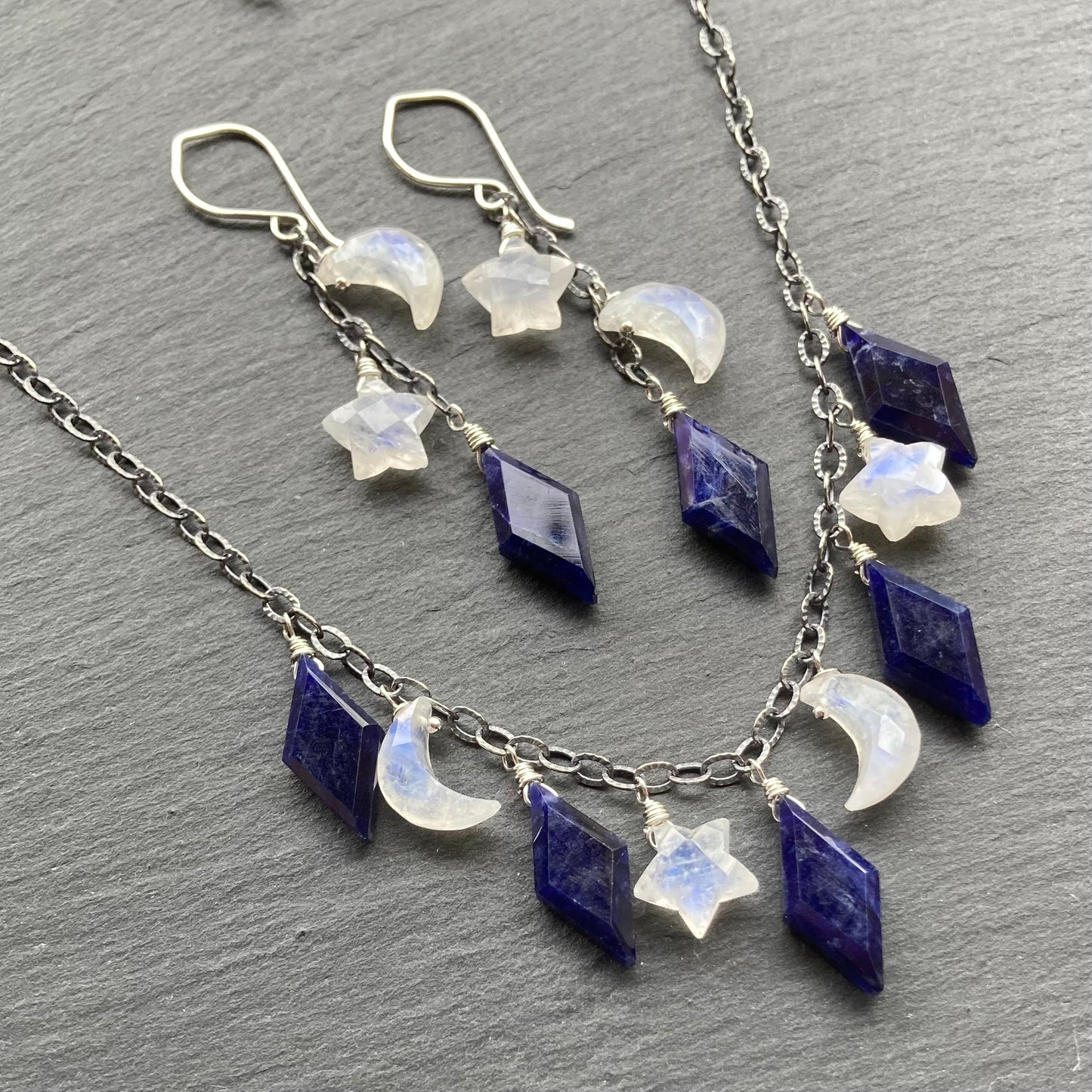 Rainbow Moonstone, Sodalite & Sterling Silver Alternate Universe Charm Choker