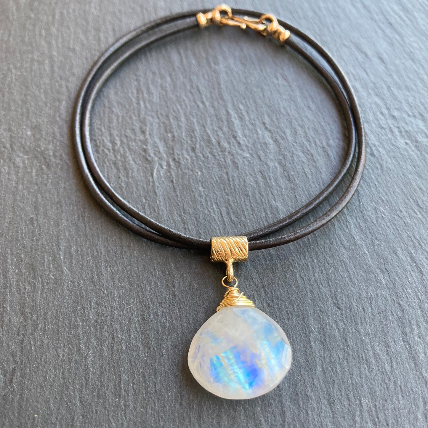 Rainbow Moonstone & Bronze Leather Choker