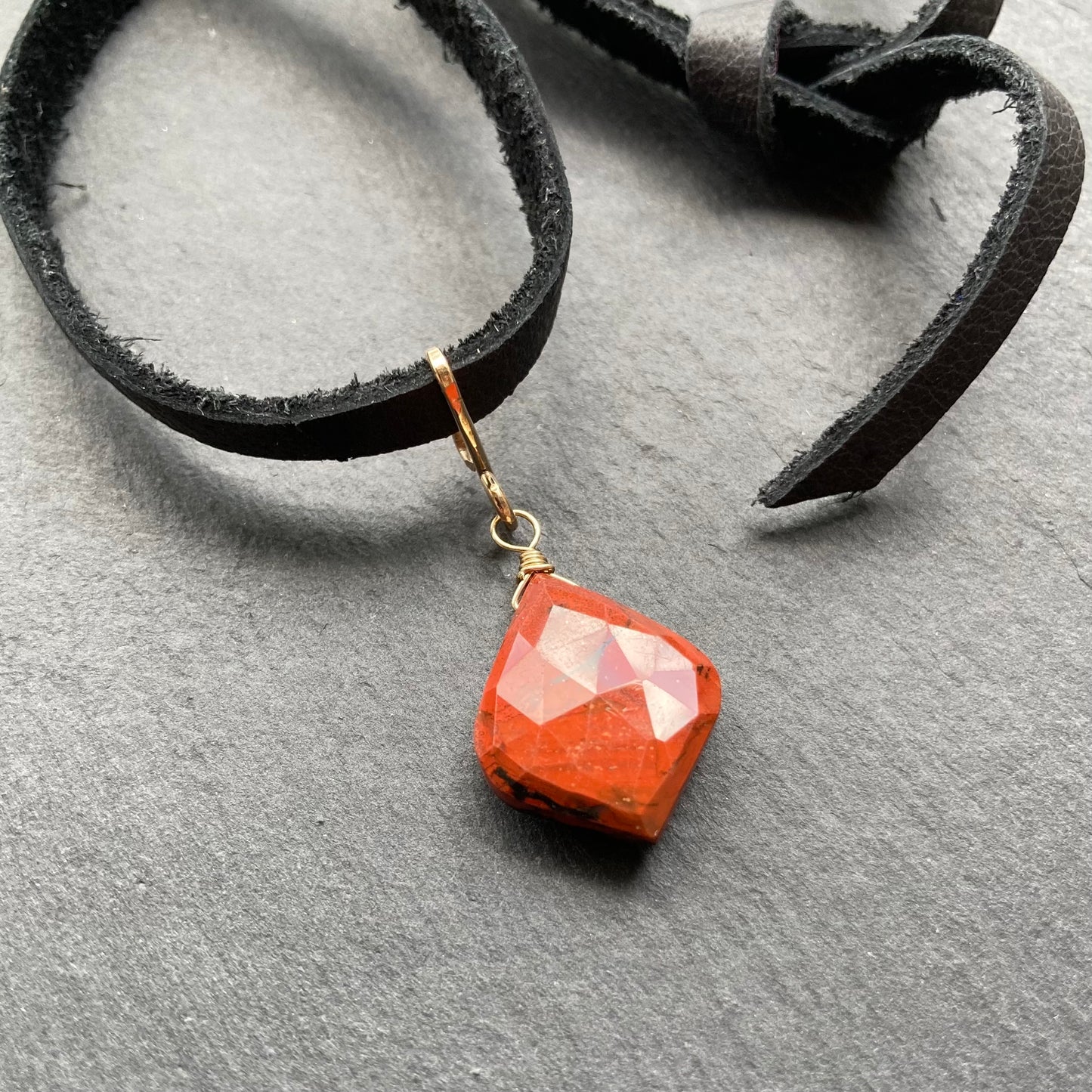 Red Jasper & Gold Deertan Leather Choker