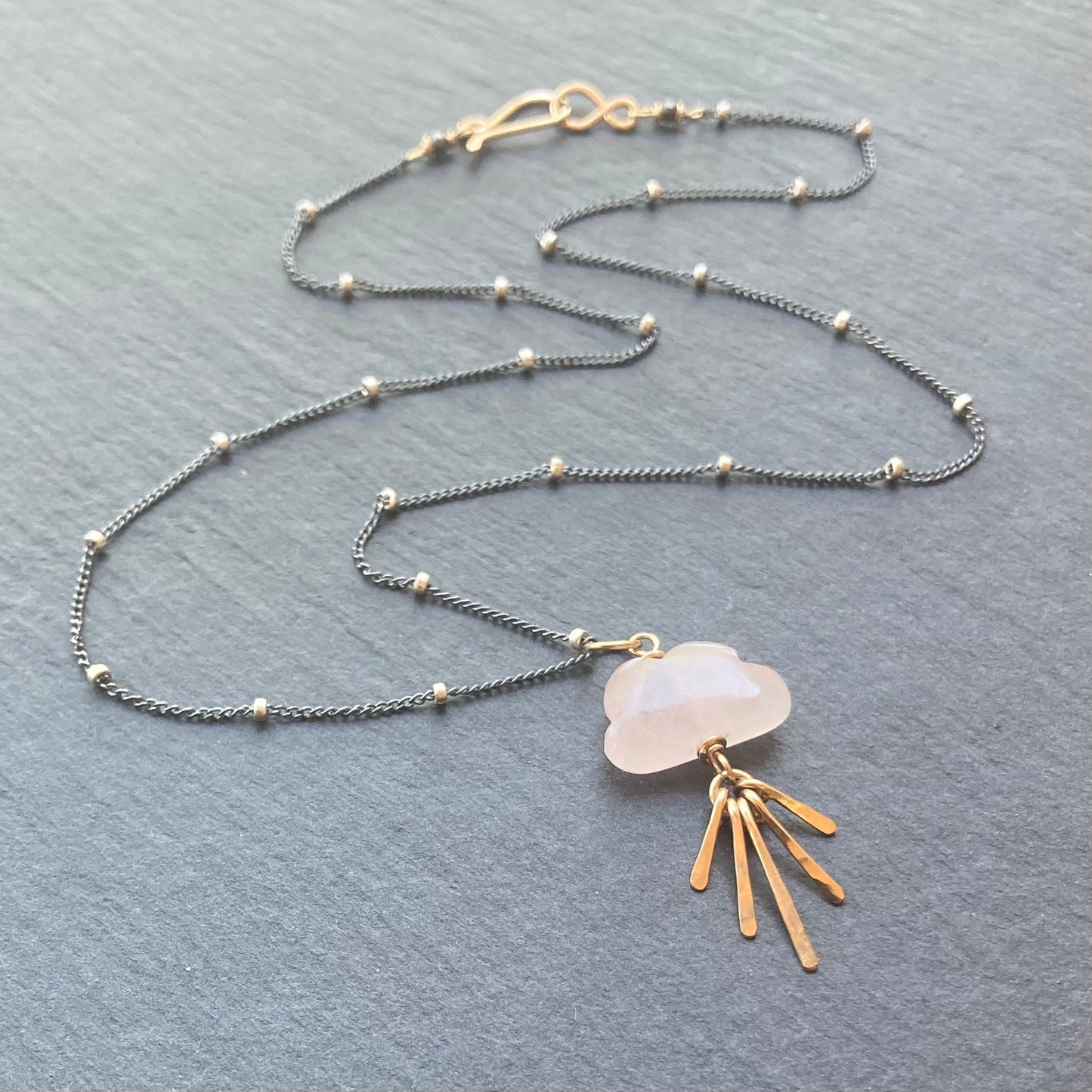 Rose Quartz & Mixed Metal Sunset Fringe Pendant Necklace
