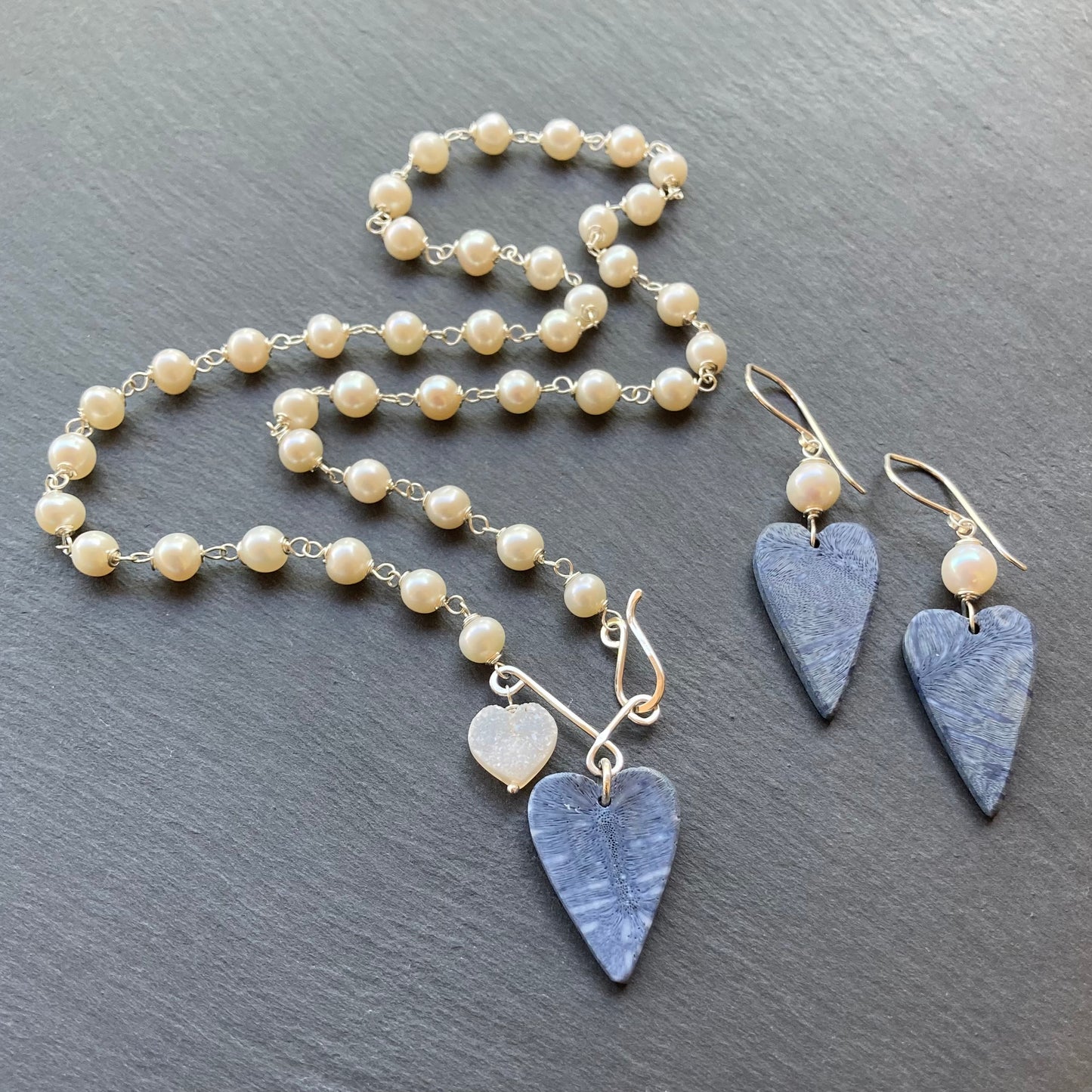 Freshwater Pearl, Sterling Silver & Blue Coral Heart Pendant Necklace