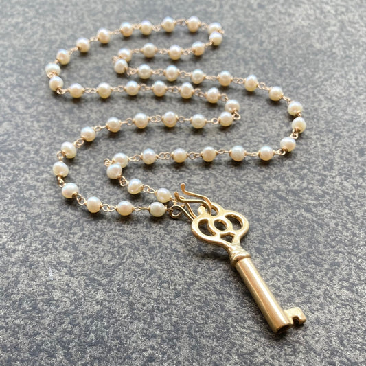 Vintage Freshwater Pearl, Gold & Bronze Skeleton Key Convertible Pendant Necklace
