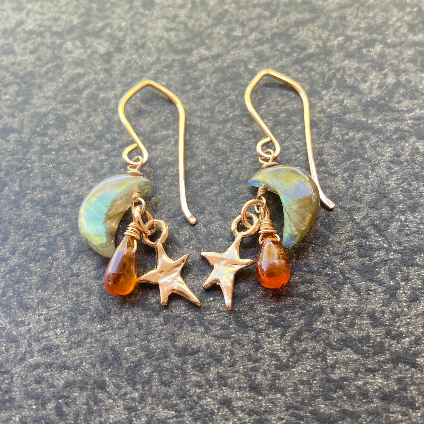 Labradorite, Orange Kyanite & Mixed Metal Moon Drops Earrings