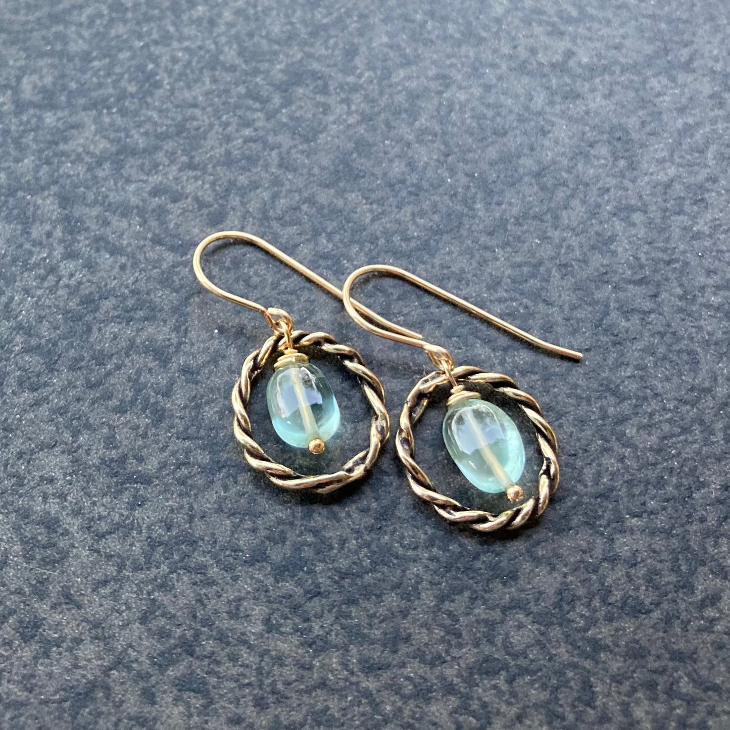 Moss Aquamarine & Bronze Twisted Hoops