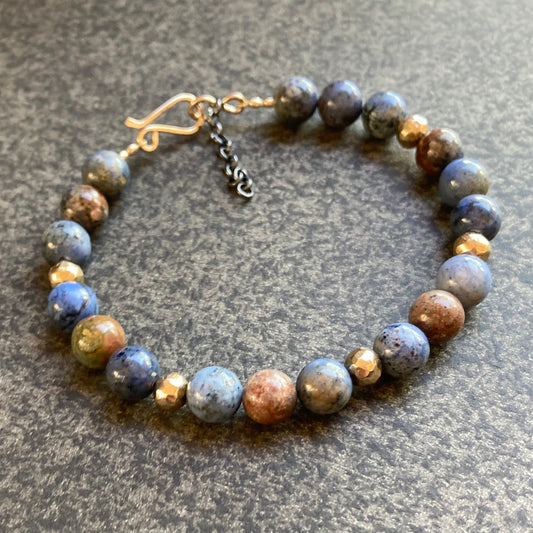 Men’s/Unisex Sunset Dumortierite & Artisan Bronze Bead Mixed Metal Bracelet