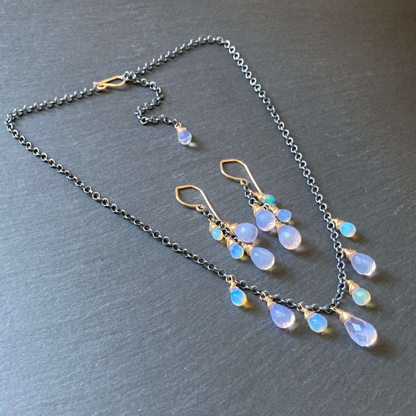 Scorolite, Ethiopian Opal & Mixed Metal Cascade Earrings