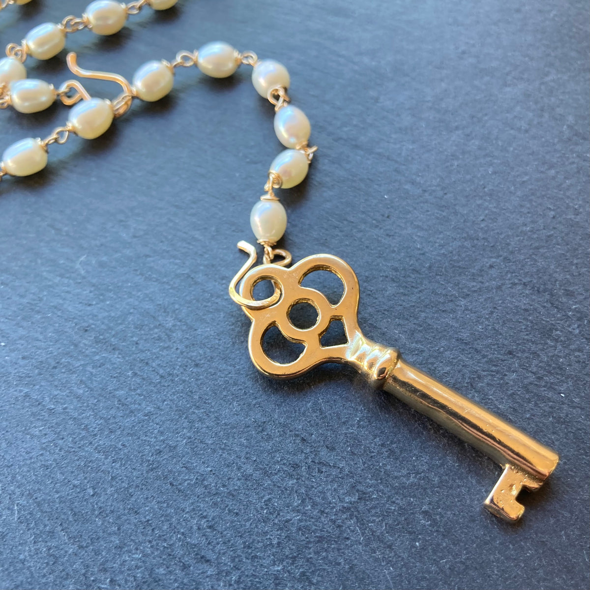 Freshwater Pearl, Gold & Bronze Skeleton Key Convertible Pendant Necklace
