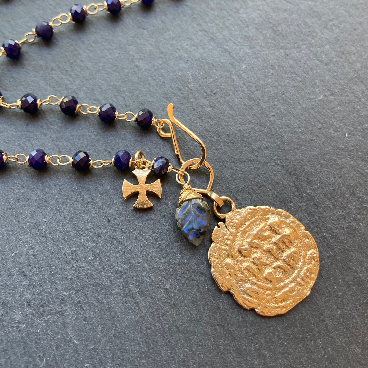 Sodalite, Gold & Bronze Medieval Coin Charm Necklace