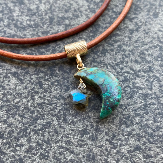 Chrysocolla, Labradorite & Bronze Night Sky Leather Choker