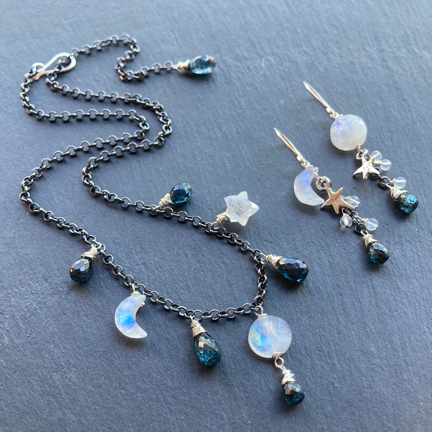 Rainbow Moonstone, Moss Kyanite & Sterling Silver Winter Solstice Charm Choker