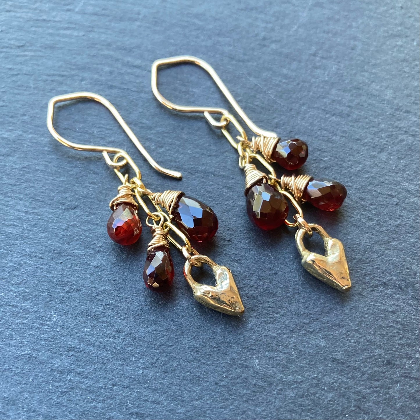 Mozambique Garnet, Gold & Bronze Heart Cascade Earrings