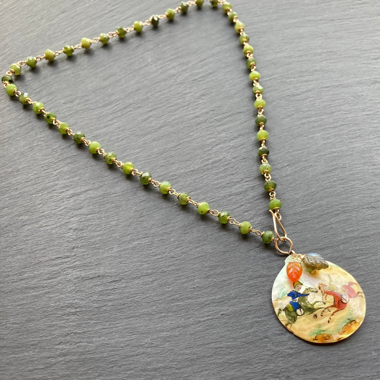 Nephrite Jade, Gold & Vintage Mother of Pearl Pendant Necklace