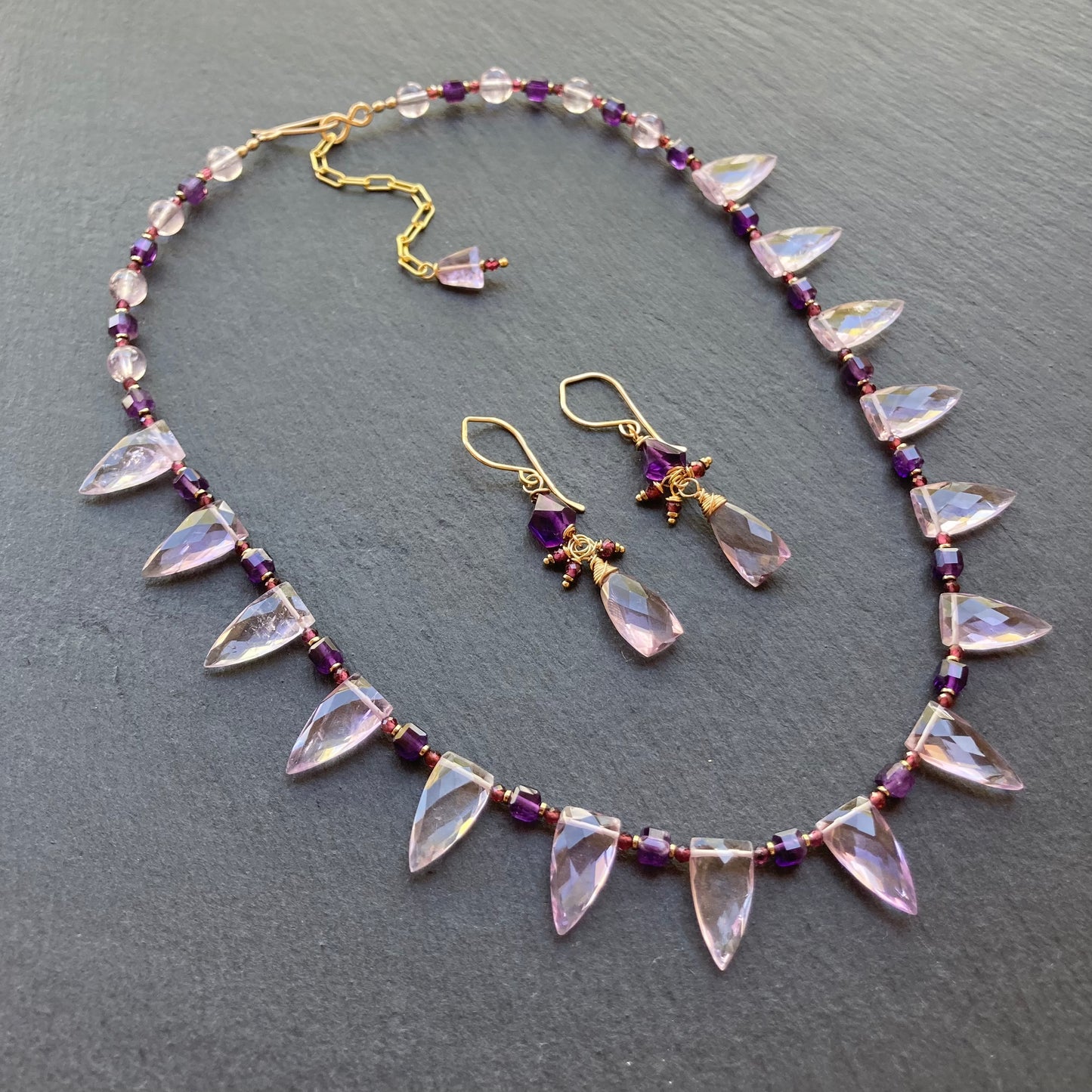 Amethyst, Rhodolite Garnet & Gold Earrings
