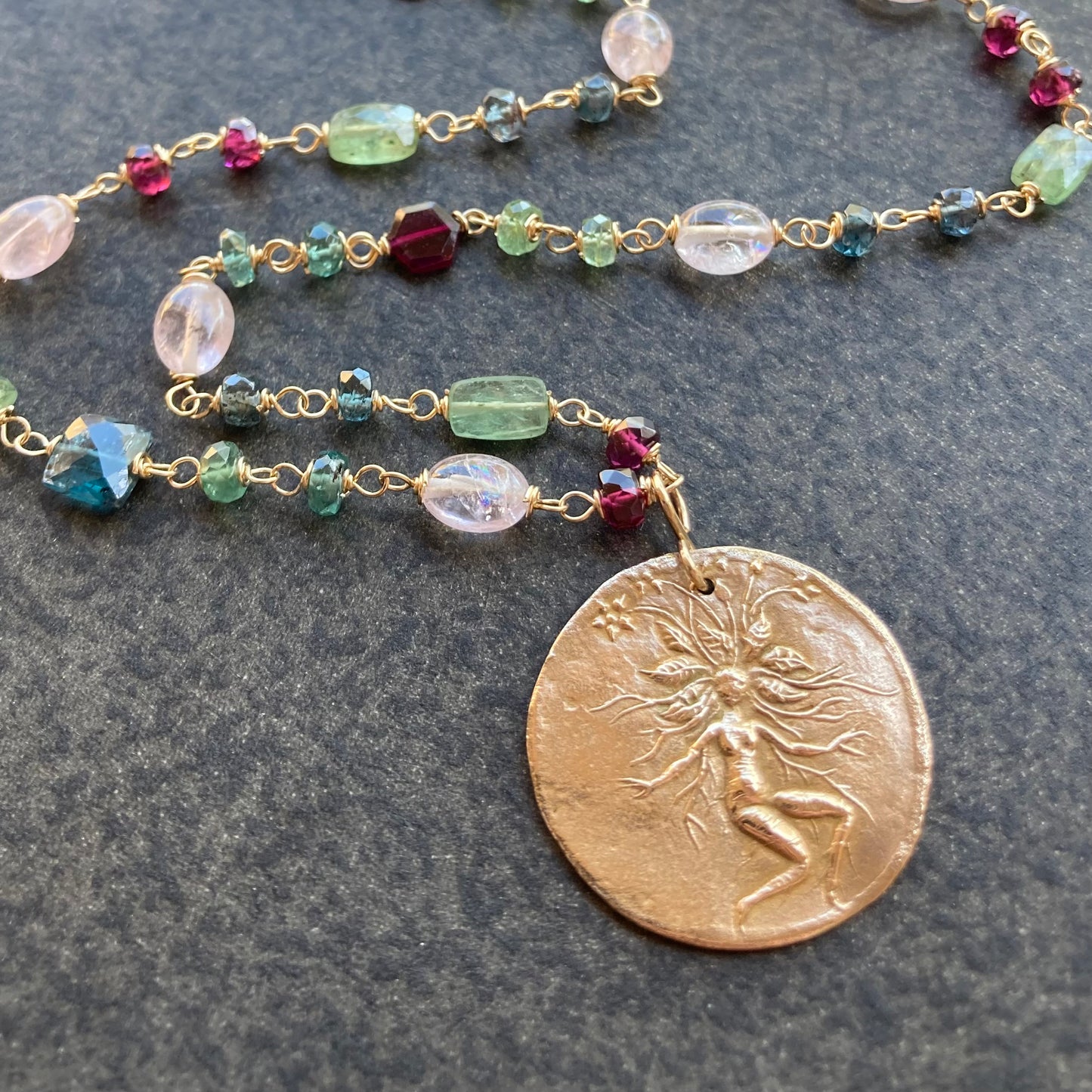 Multi Gemstone, Gold & Bronze Magical Mandrake Coin Necklace