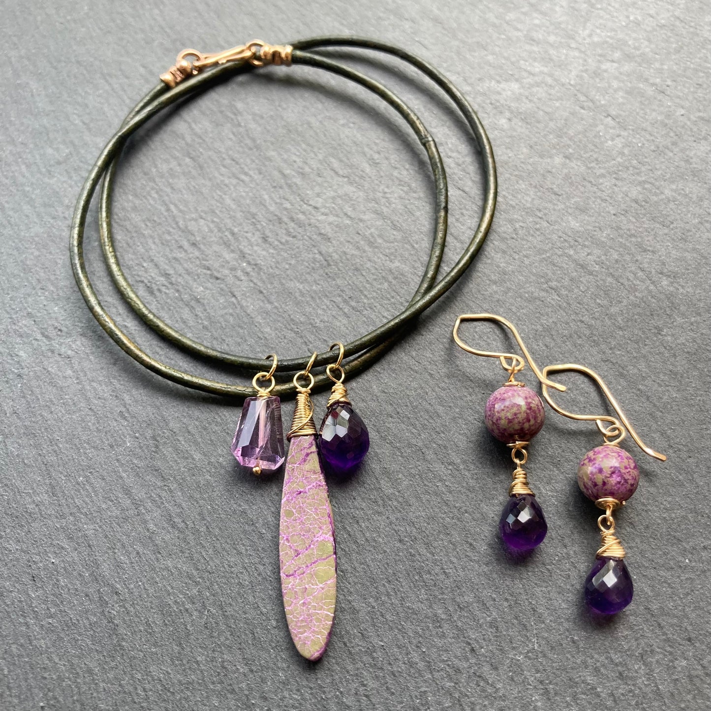 Atlantisite Stichtite, Amethyst & Gold Earrings