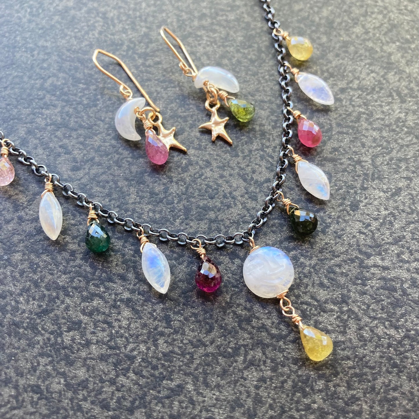 Rainbow Moonstone, Multicolor Tourmaline & Mixed Metal Full Moon Charm Choker