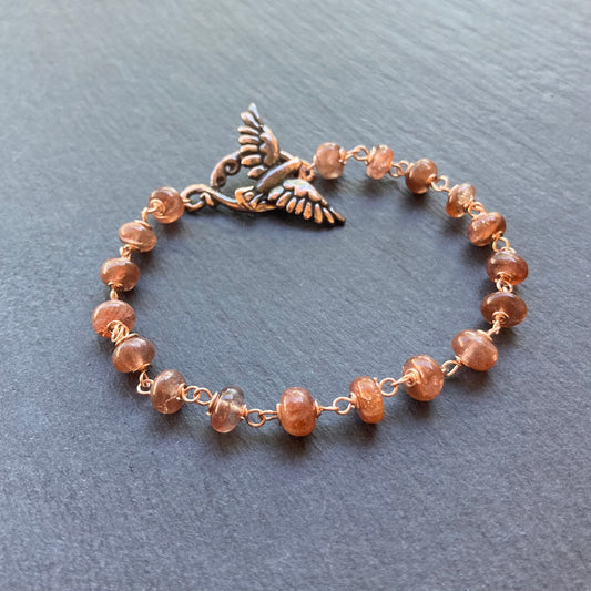 Sunstone, Rose Gold & Shibuichi Bird Toggle Bracelet