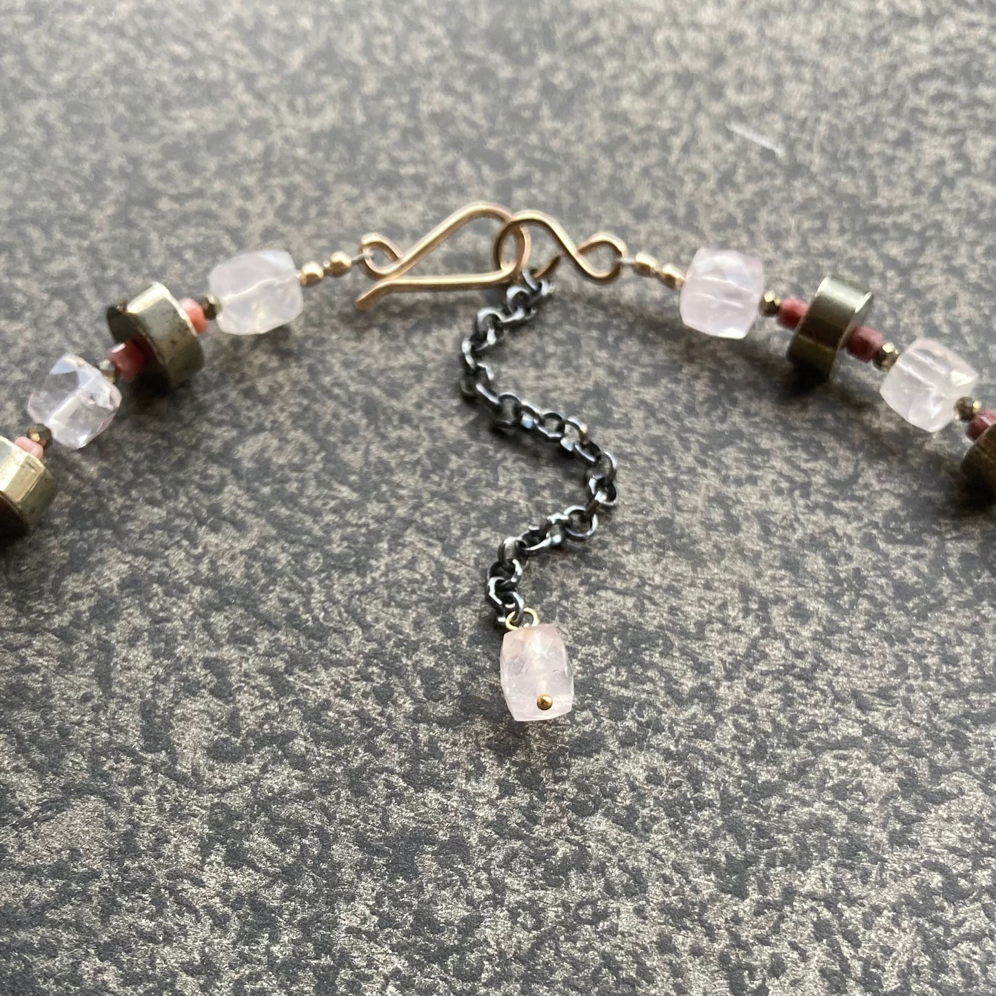 Raw Rose Quartz, Pyrite, Rhodonite & Mixed Metal Collar