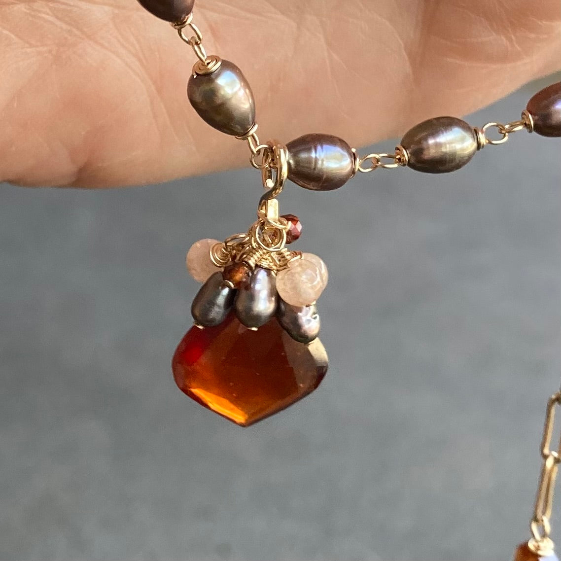 Hessonite, Tahitian Pearl & Gold Pendant Necklace