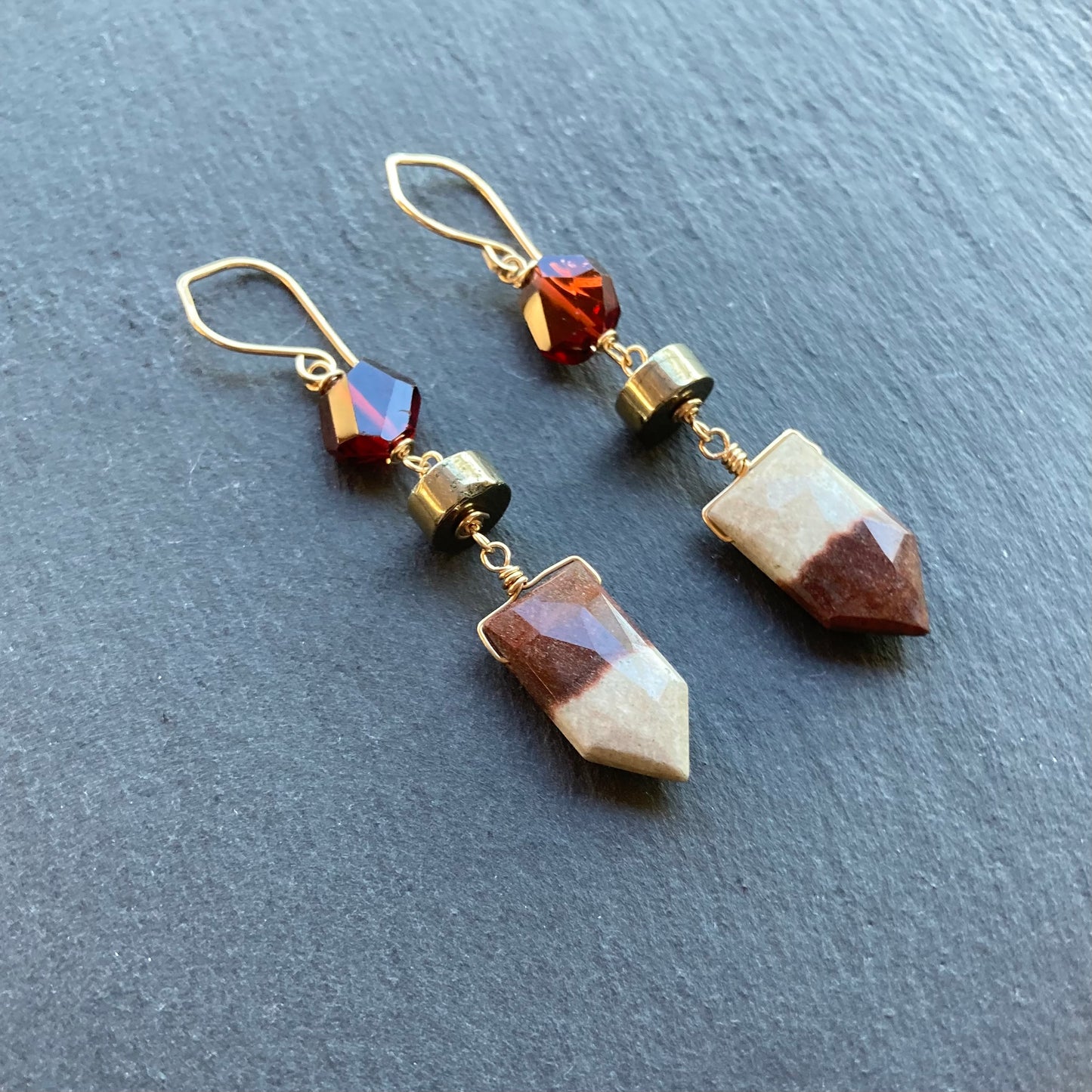 Mookaite, Mozambique Garnet, Pyrite & Gold Earrings