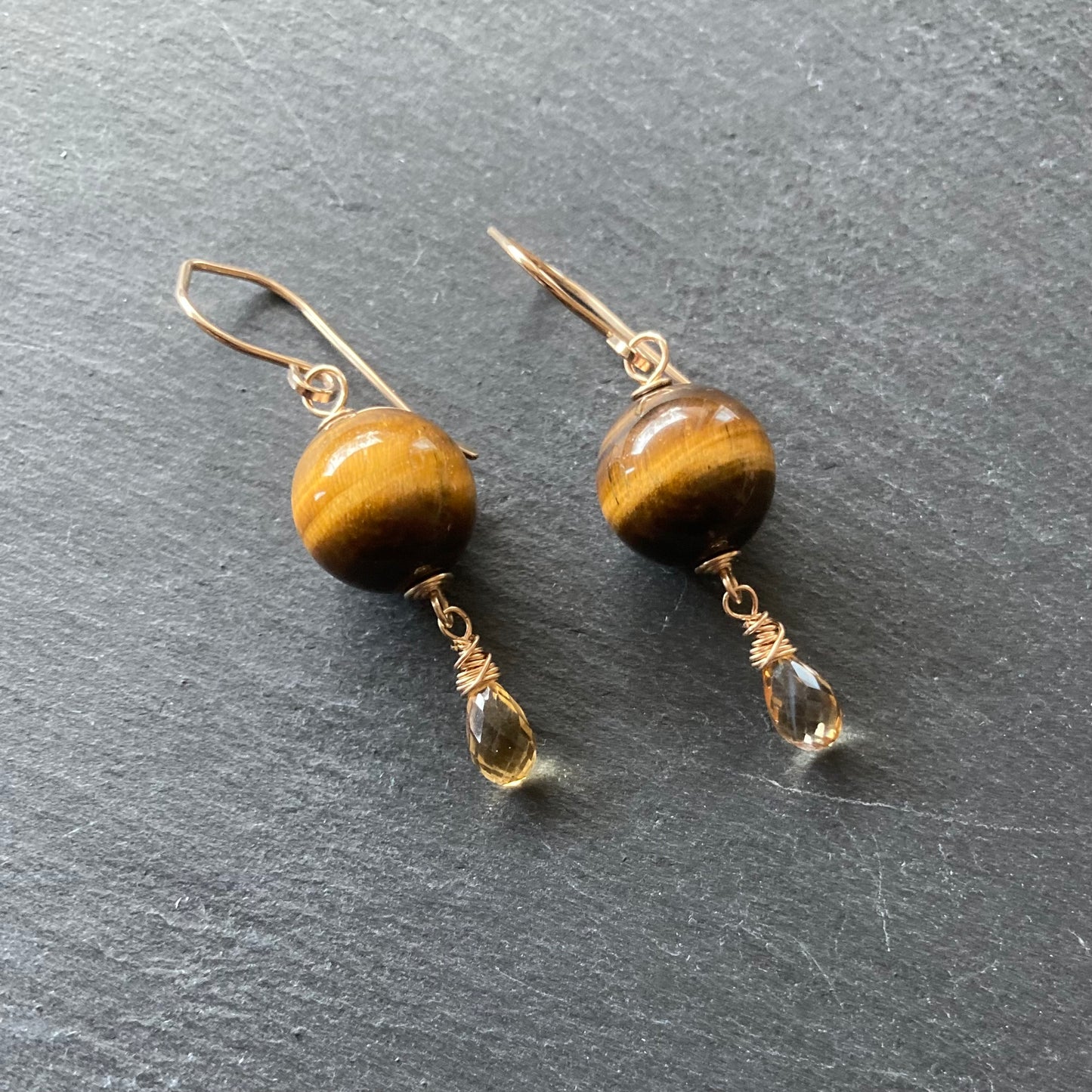 Tiger’s Eye, Citrine & Gold Earrings