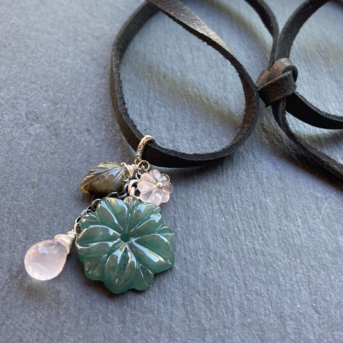 Guatemalan Jade & Sterling Silver Winter Succulent Deerskin Leather Choker