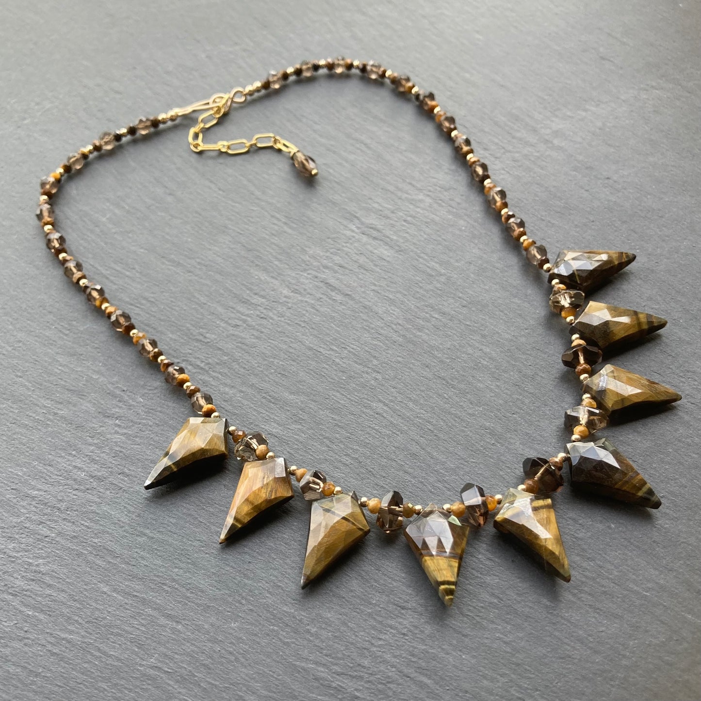 Tiger’s Eye, Smoky Quartz & Gold Arrowhead Collar