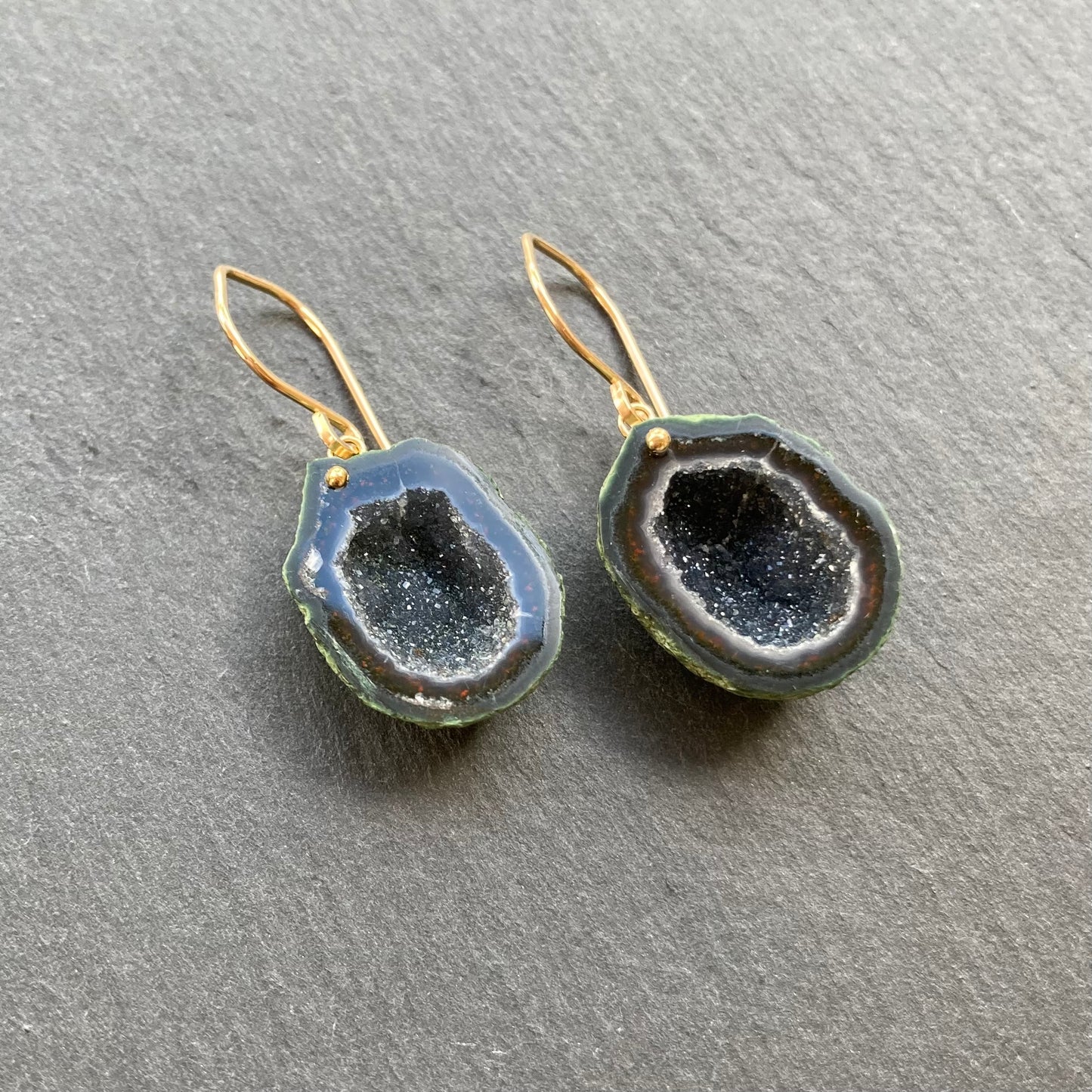 Black Druzy Tabasco Geode & Gold Earrings