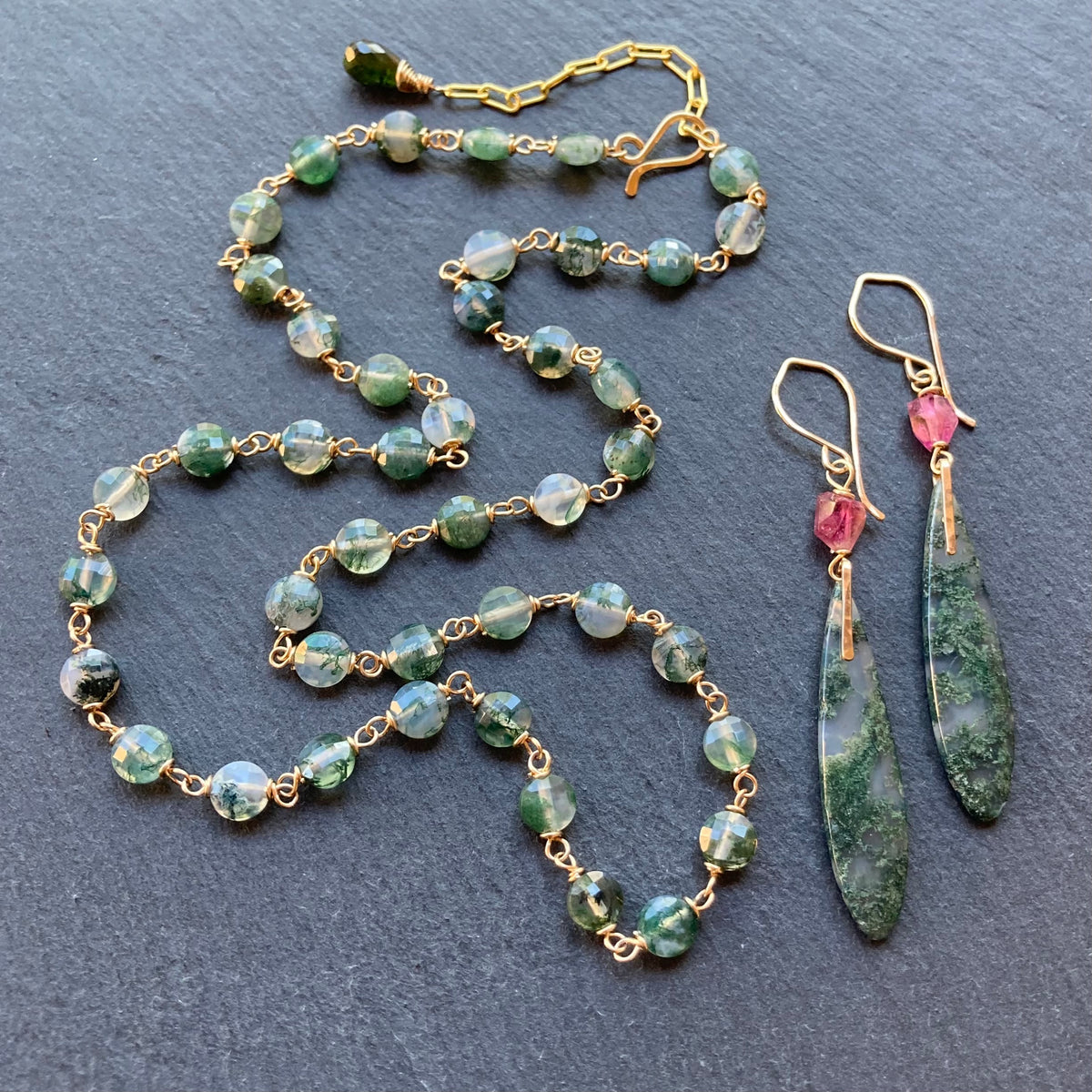 Moss Agate, Pink Tourmaline & Gold Long Drop Earrings