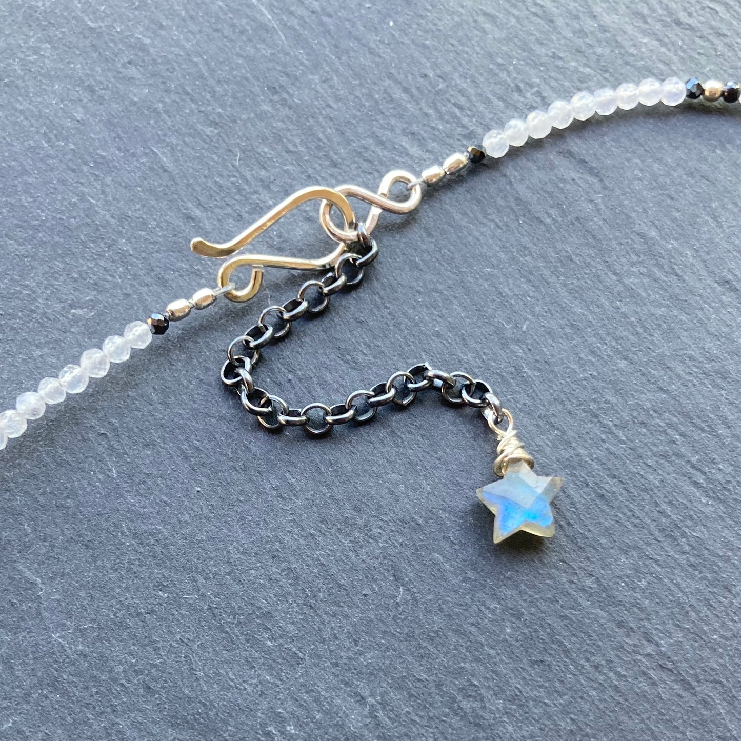 Rainbow Moonstone & Sterling Silver Moon Pendant Choker