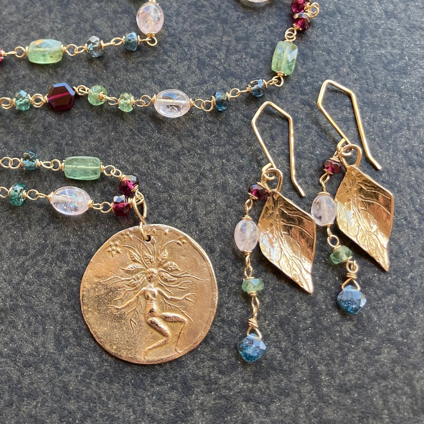 Multi Gemstone, Gold & Bronze Magical Mandrake Coin Necklace