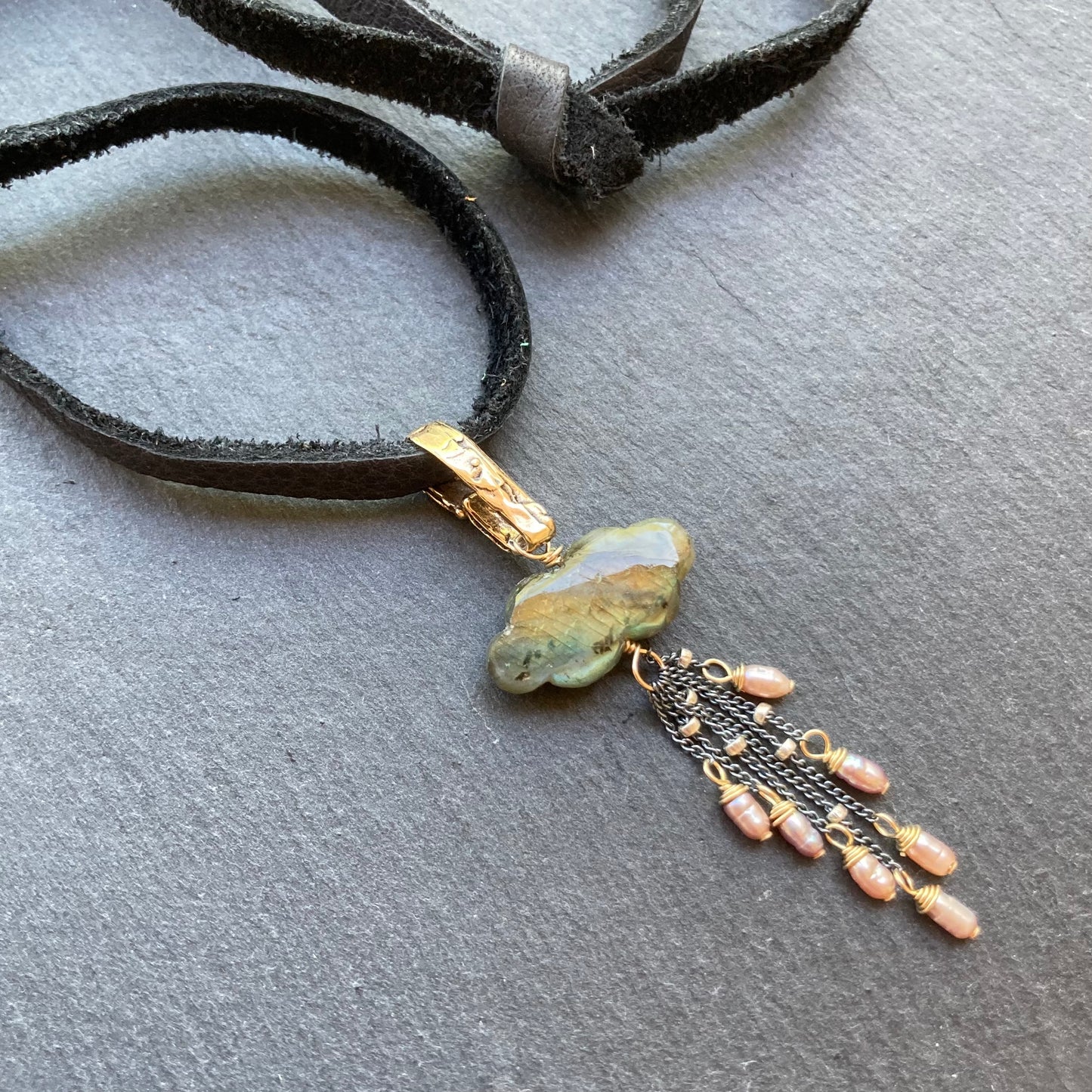 Labradorite, Mauve Pearl & Mixed Metal Storm Deertan Leather Choker