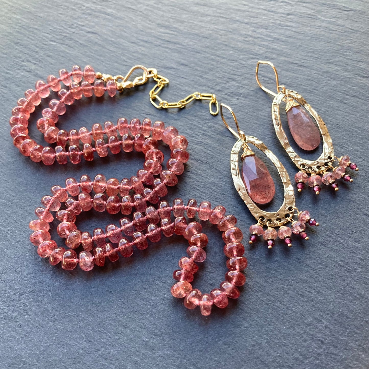 Strawberry Quartz Hand Knotted Silk Necklace