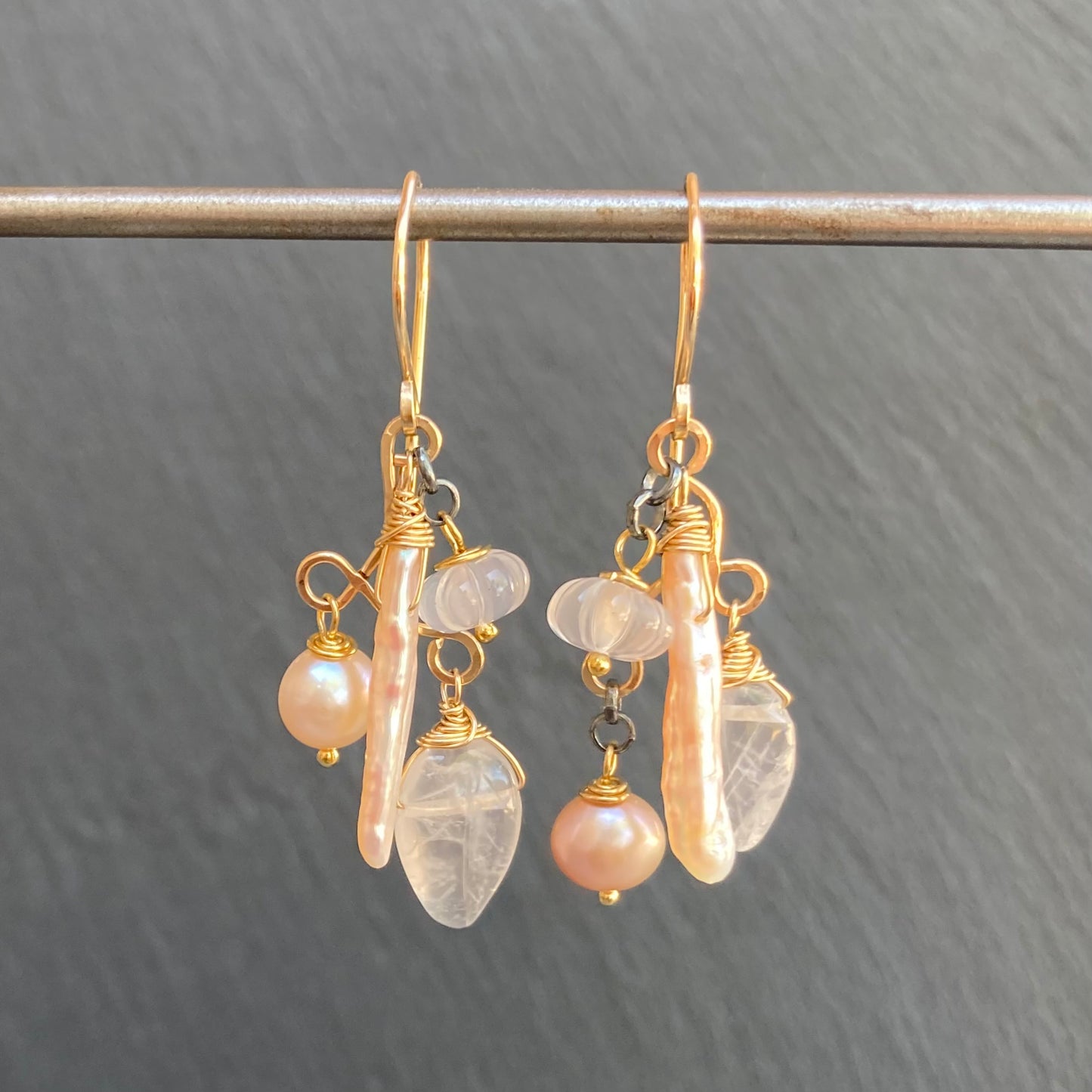 Rose Quartz, Pink Freshwater Pearl & Mixed Metal Earrings