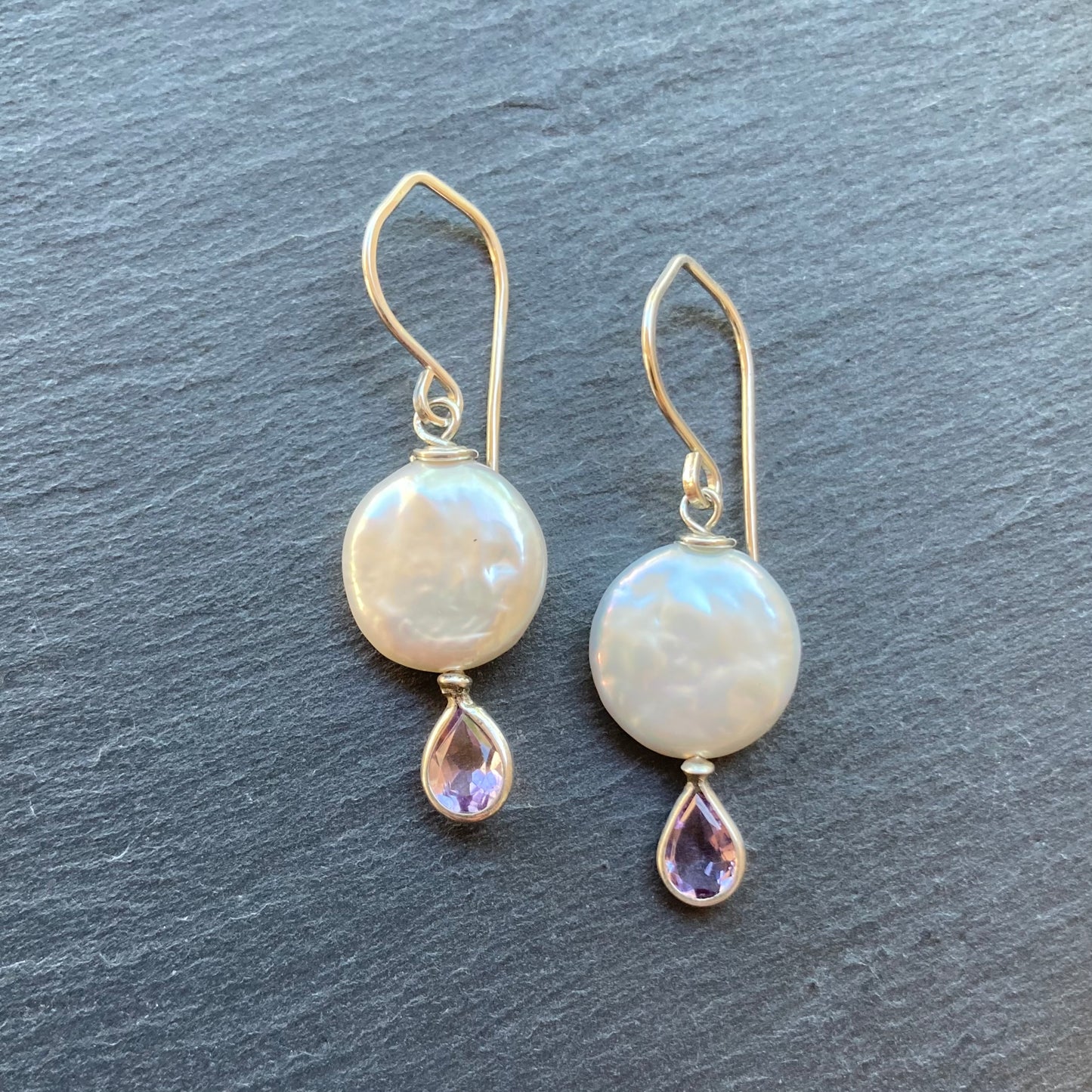 Freshwater Coin Pearl, Amethyst & Sterling Silver Earrings