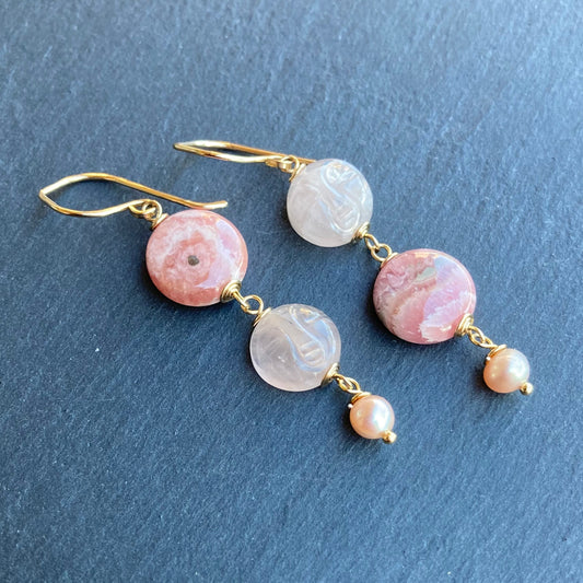 Rhodochrosite, Rose Quartz & Gold Pink Moon Rising Earrings