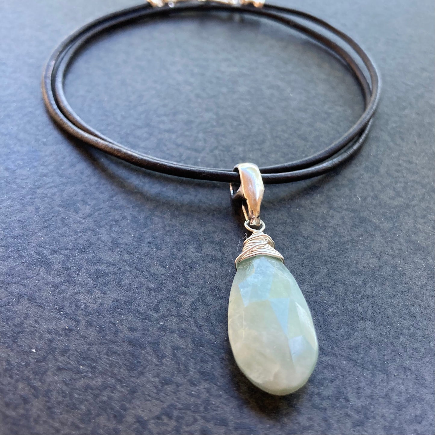 Milky Aquamarine & Sterling Silver Leather Choker