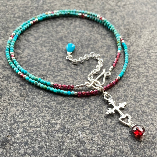 Arizona Turquoise, Mozambique Garnet & Sterling Silver Sacred Heart Cross Necklace