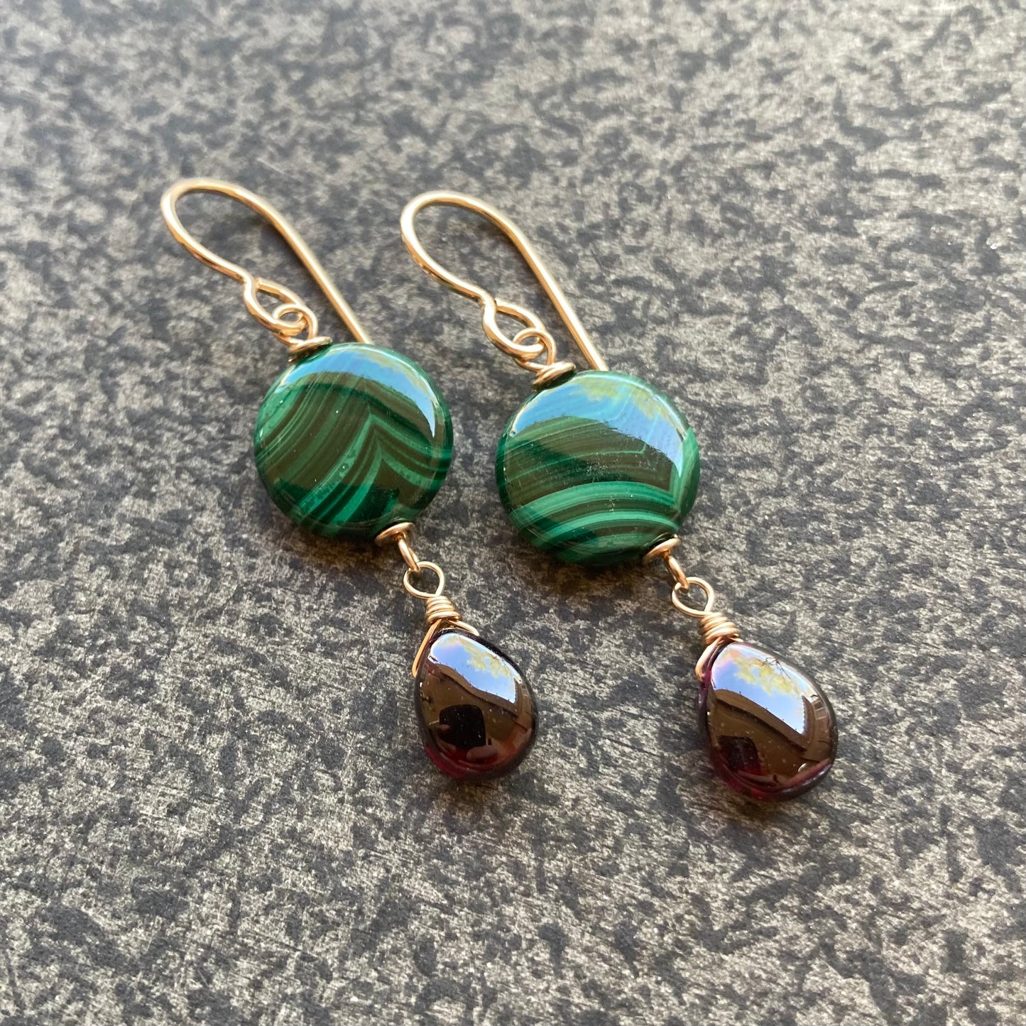 Malachite, Rhodolite & Gold Earrings