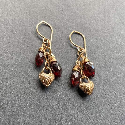 Mozambique Garnet, Gold & Bronze Heart Cascade Earrings