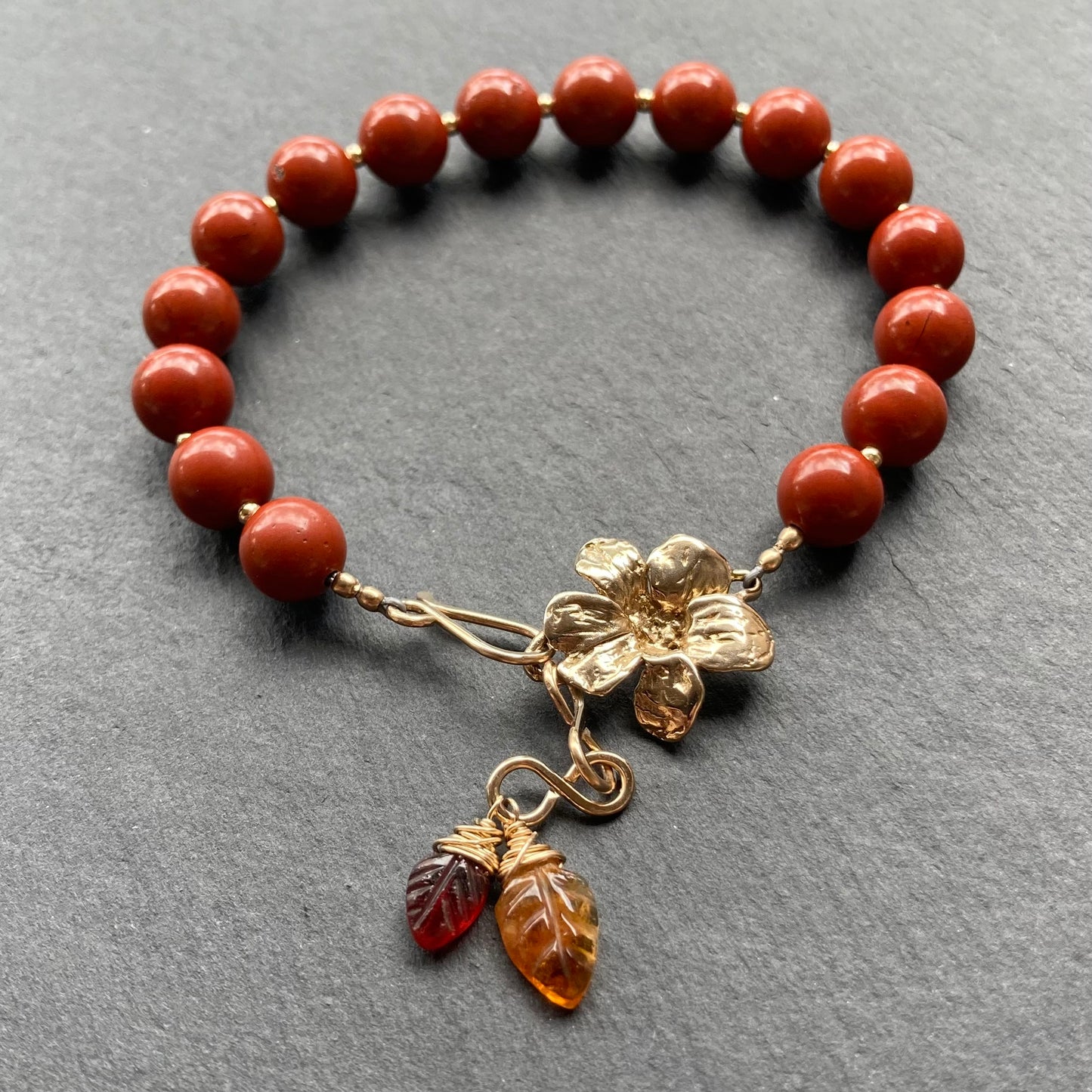 Red Jasper, Gold & Bronze Flower Link Charm Bracelet